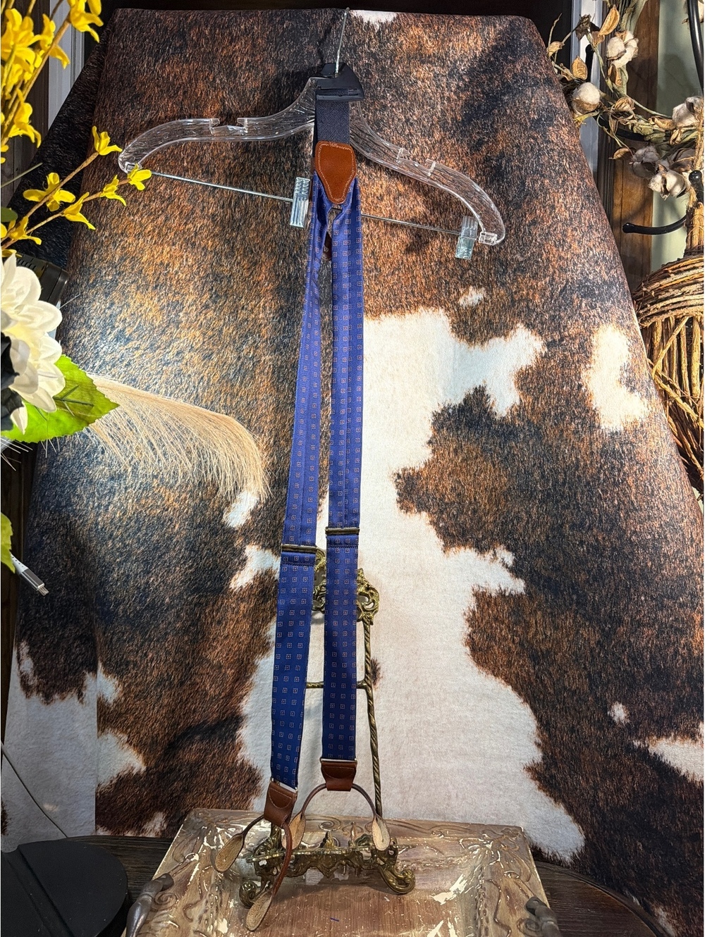 Vintage Blue Patterned Suspenders with Brown Leather Accents